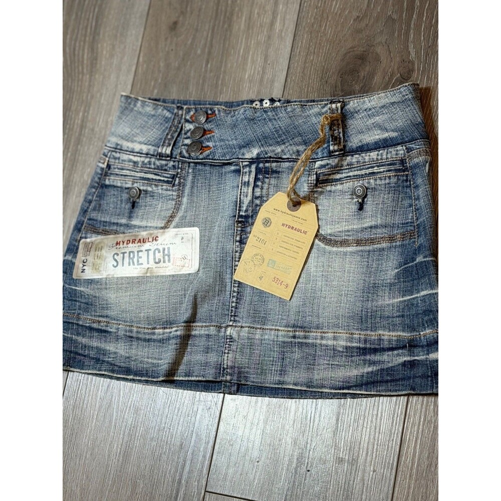 Hydraulic VTG Y2K Denim Micro Mini Skirt Size 7/8 Low Rise Flap Pockets NWT - Picture 3 of 5